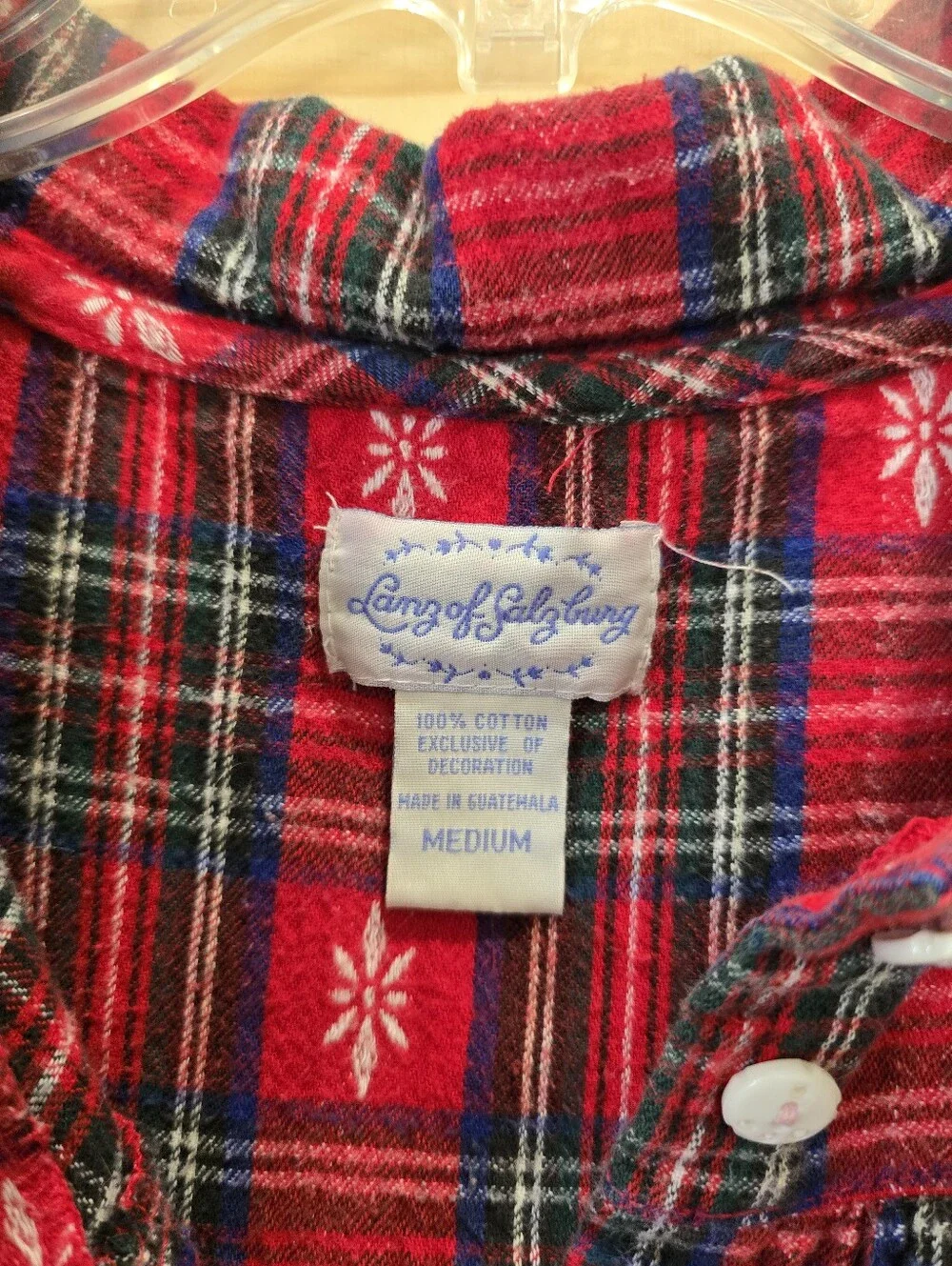 Vintage Lanz of Salzburg Red Plaid Tartan Cotton Lace Flannel Nightgown Size M